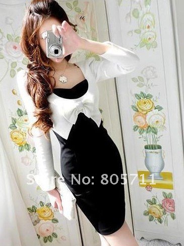 New With Bowknot Bow Sheath Sexy  Fashion Mini Dresses Black White Blue White Colour Matching