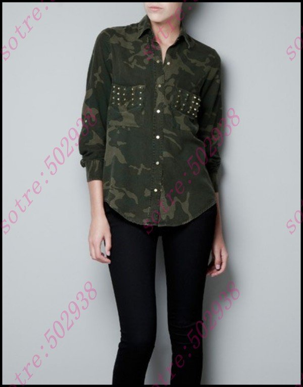 New Women Blouse Cotton Studs and Spikes Long Sleeve Lapel Shirt Freeshipping