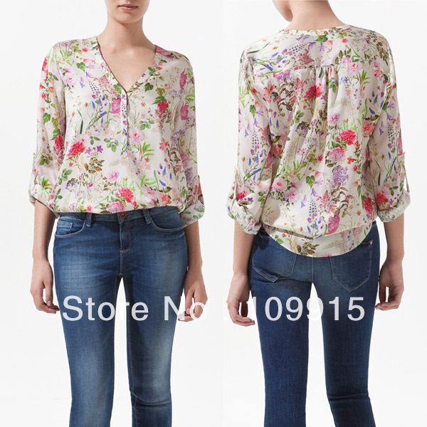 New Women Collarless Button Shirt Long Sleeve Blouse Tops T-Shirt Floral pattern  CY0330