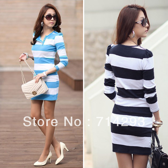 New Women Crew Collar Long Sleeves Strips Pullover Mini Dress 2Colors Hot Sell FREE SHIPPING 10045