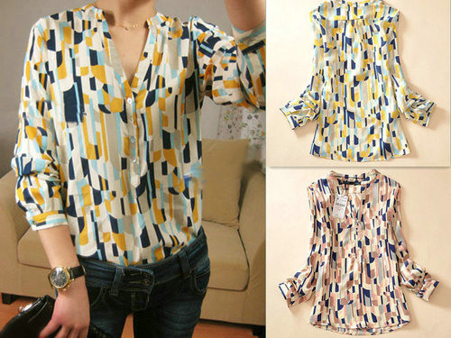 New Women Europe Retro Geometric Color Splice Long Sleeve Shirts Blouse 2 Colors Free Shipping