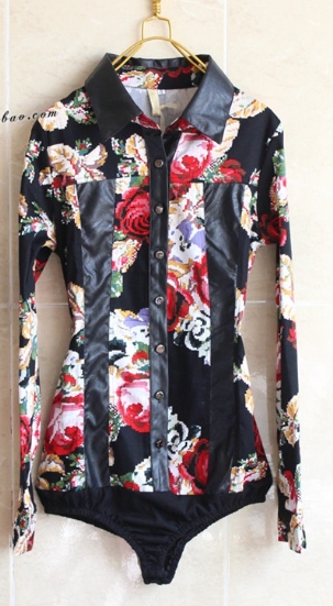 new women fashion leather patchwork flower printing jumpsuit shirts long sleeve romper blouses
