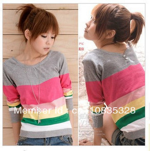 New Women Knitwear Cardigan Fashion O-Neck Knitted Sweater Pullover Long Sleeve Stripe Sweaters Free shipping