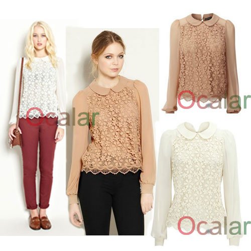 New Women Lace Floral Chiffon Peter Pan Collar Long Shirt Sheer Blouse Tops  E0356