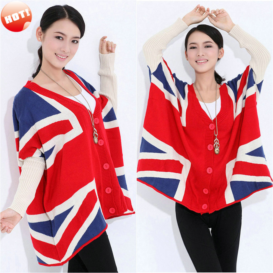 New Women Ladies Chic Union Jack UK British Flag Cape Cardigan Sweater Poncho Shrug Wrap Swing Shawls Jacket Coat Free Shipping