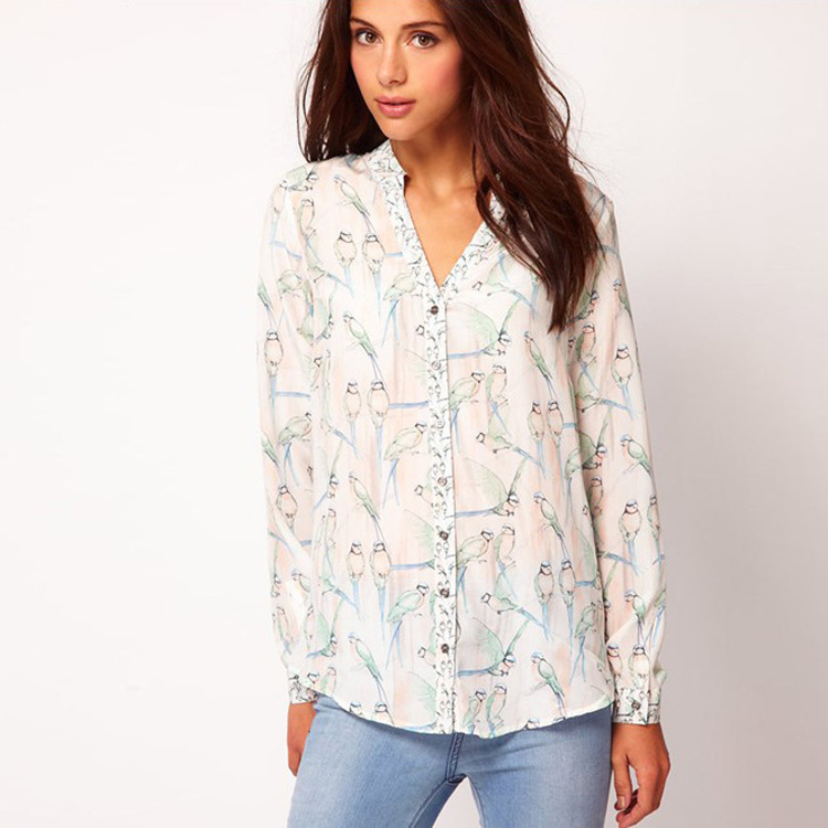 New Women Long-sleeved Magpie Printing Loose Shirt 8988