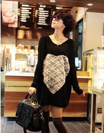 New women loose round neck bat sleeve lace love long section of the long-sleeved sweater,free shipping