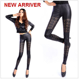 New, Women Nets yarn Sexy Light leather Leggings Hollow Flower Stretchy Tight Pants Fashion