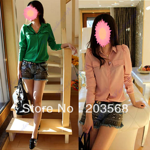 New Women's Candy Color Long Sleeve Button Down Shirt Puff Shoulder Tops Blouse 2Colors Free Shipping