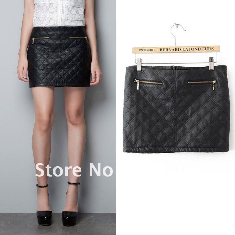 New women's casual fashion sexy diamond pattern quilted PU leather skirt S M L/free shipping