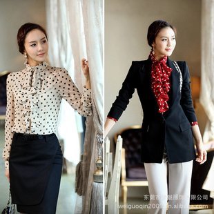 New Women's Clothes Ruffle Front high neck polka dot Print Top Shirt Blouse FREE