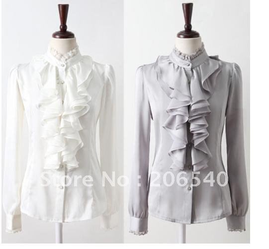 New Women's Clothes WHITE or GRAY Ruffle Front Lace Collar Top Shirt Blouse