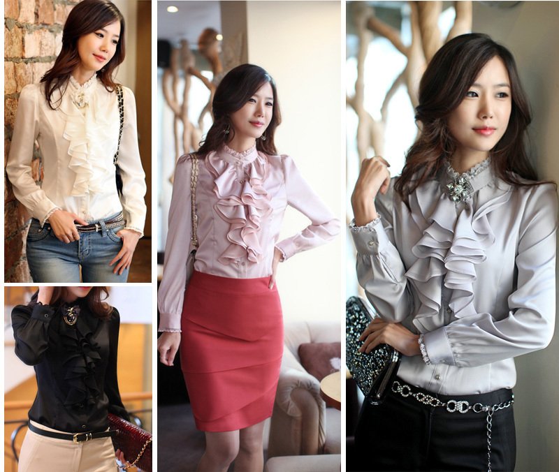 New Women's Clothes WHITE Ruffle Front Lace Collar Top Shirt Blouse