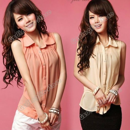 New Women's Clothing Fashion Ladies Sleeveless Summer Casual Chiffon Shirt Blouse Tops Pink Apricot Size S Free Shipping 0608