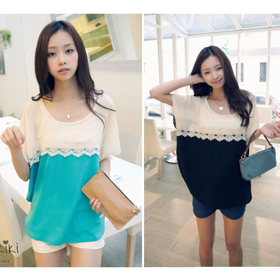New Women's Clothing Short Sleeve Sweet Crew Neck Lace Chiffon Patchwork Casual Tops Blouses Shirt Size S Free Shipping 0502