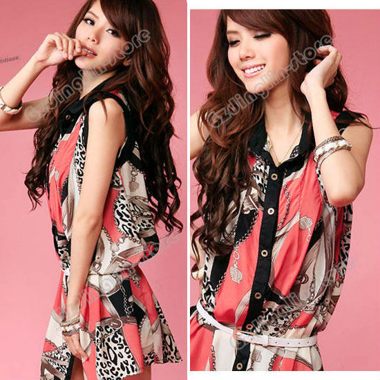 New Women's Clothing Sleeveless Floral Print Pattern Long Gown Casual Tops Blouses Shirt With Belt Size S Free Shipping 0497