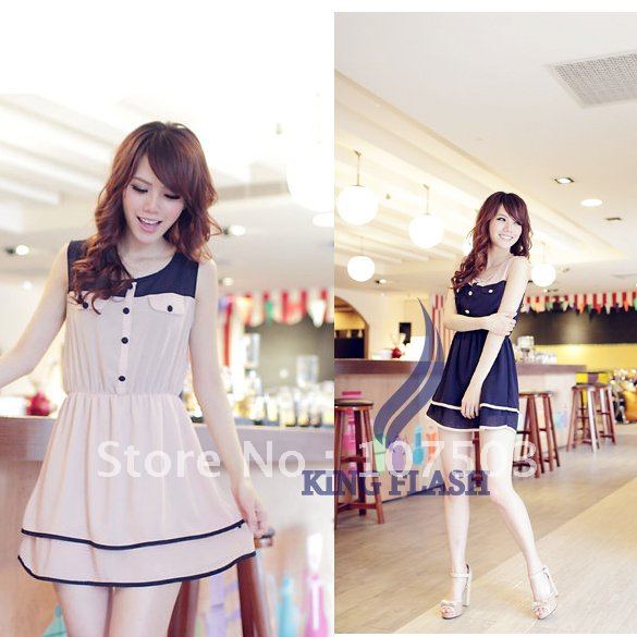 New Women's Crew Neck Chiffon Temperament Double Mini Sleeveless Dress Sundress free shipping 5675