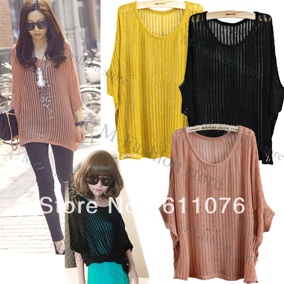 New Women's Crochet Tops Batwing Sleeve Knitwear Ladies Loose Pullover Sweater Jumper 5 colors free shipping 7477