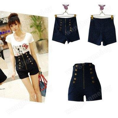 New Women's Double Breasted Zipper Vintage High Waist Shorts Jeans Pants