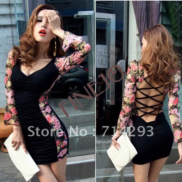 New Women's Elegant Open Back Leopard Dress Floral Print Padded Black Mini Dress free shipping 7476