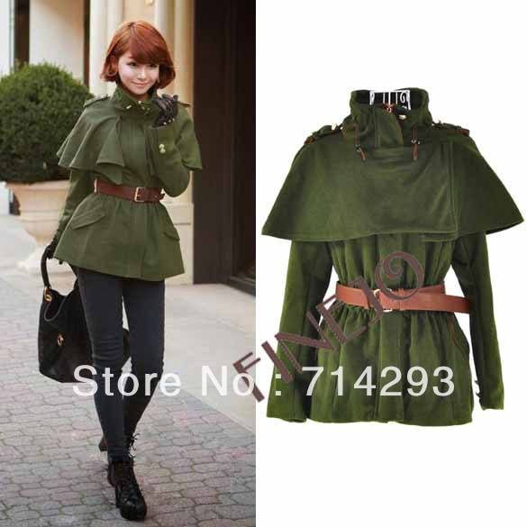 New Women's Europe Style Poncho Stand Collar Long Sleeve Coats With Belt free shipping 8784