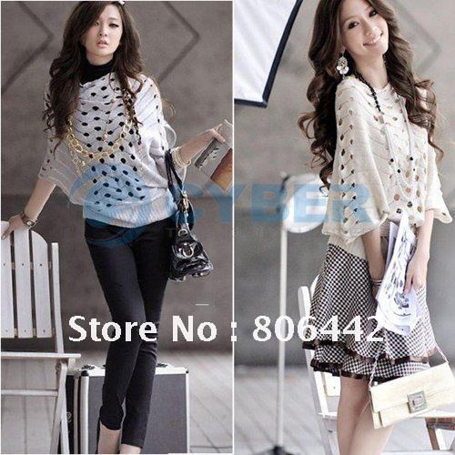 New Women's Fashion Hollow Batwing Dolman Knitted sweater Knitting Coat Out Boat Neck Tops Free Shipping