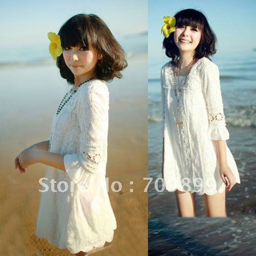 New Women's Fashion Short Sleeve Casual Square Neck Crochet Lace Mini Dress E0319