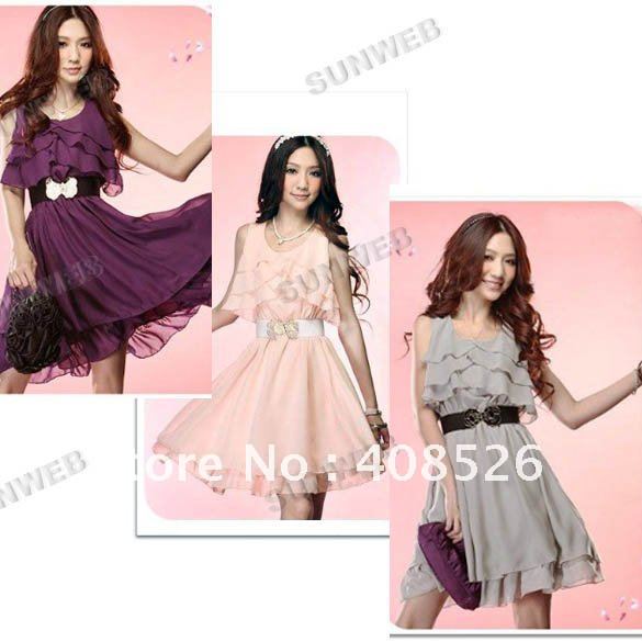 New Women's Fashion Summer Crewneck Round Neck Flouncing Sleeveless Chiffon Dress free shipping 3842