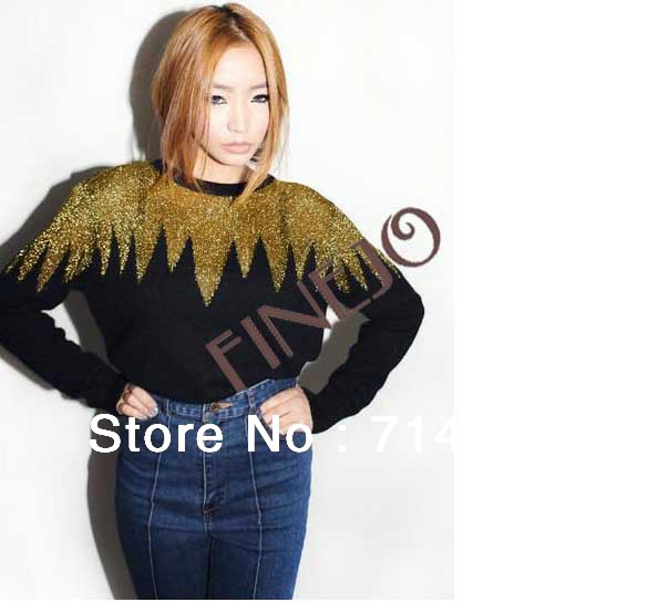 New Women's Gold Thread Splicing Tops Sweater Vintage Style Free shipping 8433