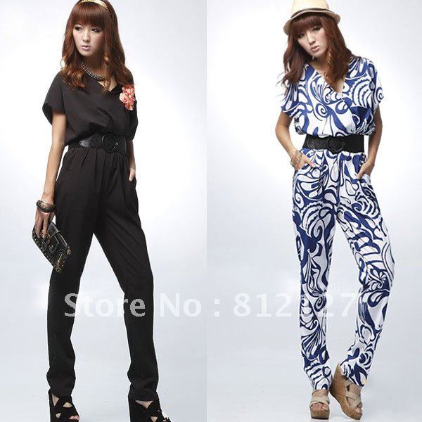 New Women's Jumpsuits Fashion Print V-neck Short Sleeve Belted Best Selling Jumpsuits