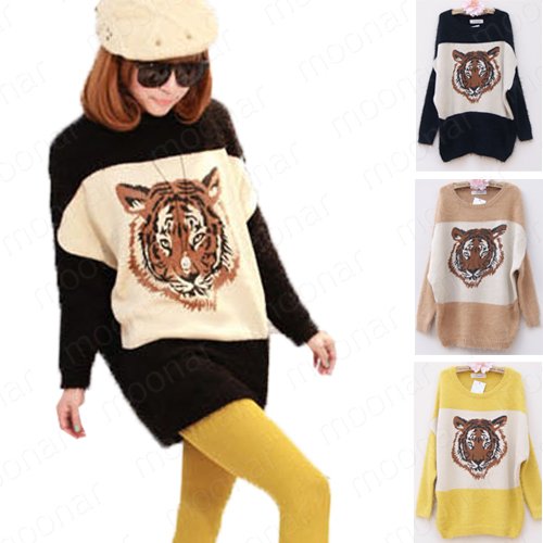 New Women's Knit Tops warm Sweater Long Batwing Loose Tiger Print Outcoat Winter E0889