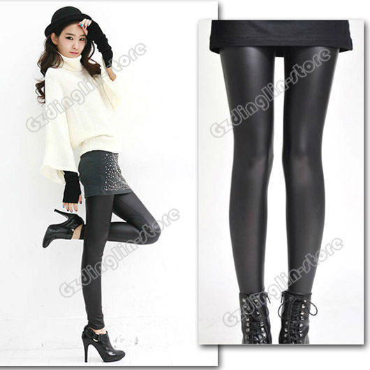 New Women's Ladies Sexy Wet Look Shiny Faux Leather Leggings Pants Treggings Tights Solid Color Black Size S Free Shipping 0172