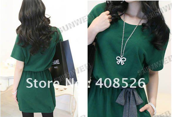 New Women's Lady Fashion Dolman Short Sleeve Casual Cotton Batwing Dress Green free shipping 7310