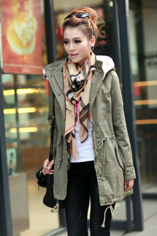 New Women's Parka Warm Cotton Coat Hoodie Overcoat Long Jacket Army Green Outwear ,Free Shipping