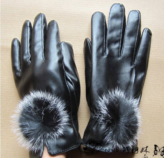 New Women's Rabbit Fur Leather Gloves Winter Gloves 2632