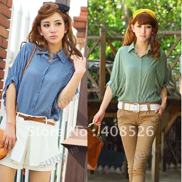 New Women's Retro Batwing Short Sleeve Casual Dots Polka Loose Shirt Tops Blouses Free Shipping 7514