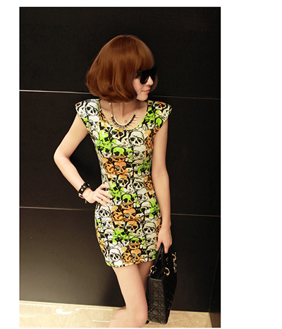 New women's short sleeve high elasticity soft fabric skull print dress,Free Shipping GT1041