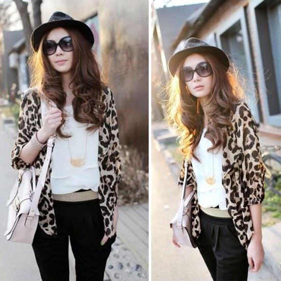 New Women's Short Sleeve Ladies Clothing Strappy Leopard Chiffon Casual Tunic Blouse Tops Cardigan Size S Hot Free Shipping 0229