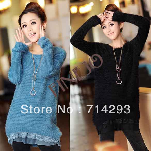 New Women's Sweet Lace Detail Hem Long Sleeve Knitted Sweater Top 4 Colors Free shipping 9102