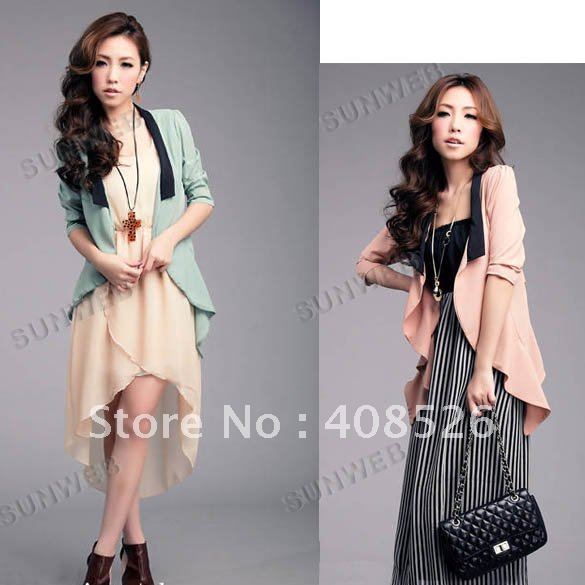 New Women's Tailored Collar Casual Chiffon Cardigan Blouse Wrap Outwear Small Coat Green, Pink free shipping