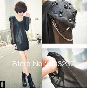 New  women's the transparent shoulder beaded chiffon sleeves sexy faux leather jumpsuit