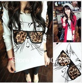 New Women's trendy clothes Tops Tees leopard glasses Kitten T-shirt tops   A2356
