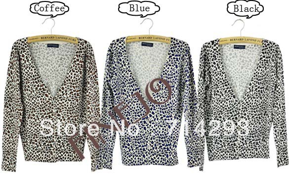 New Women's V-neck Leopard Cardigan Long Sleeve Knitwear Cardigan 3 Color free shipping 11132