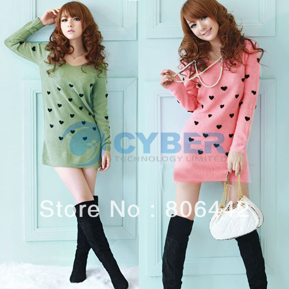 New Women's V-neck Loose Loving Heart Embroidery Knitted Pullover Casual Sweater Free Shipping 9069