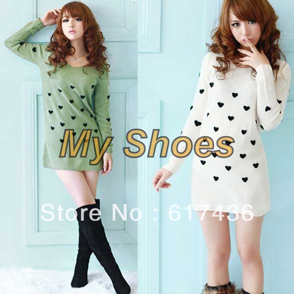 New Women's V-neck Loose Loving Heart Embroidery Knitted Pullover Casual Sweater Free Shipping 9069