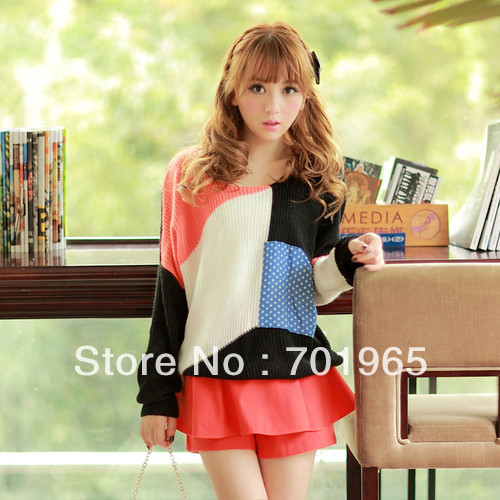 New Women Star Pocket Hit Color Round Neck Sweaters Tops MF652