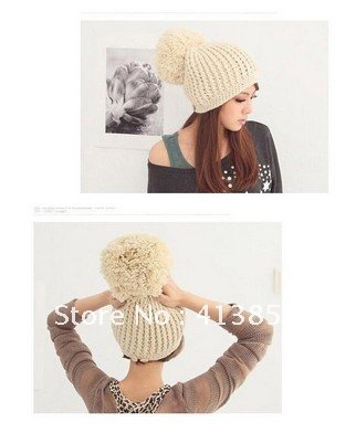 New Women Super Large Wool Ball Button Hat Knitting Wool Caps Beanie, Free Shipping
