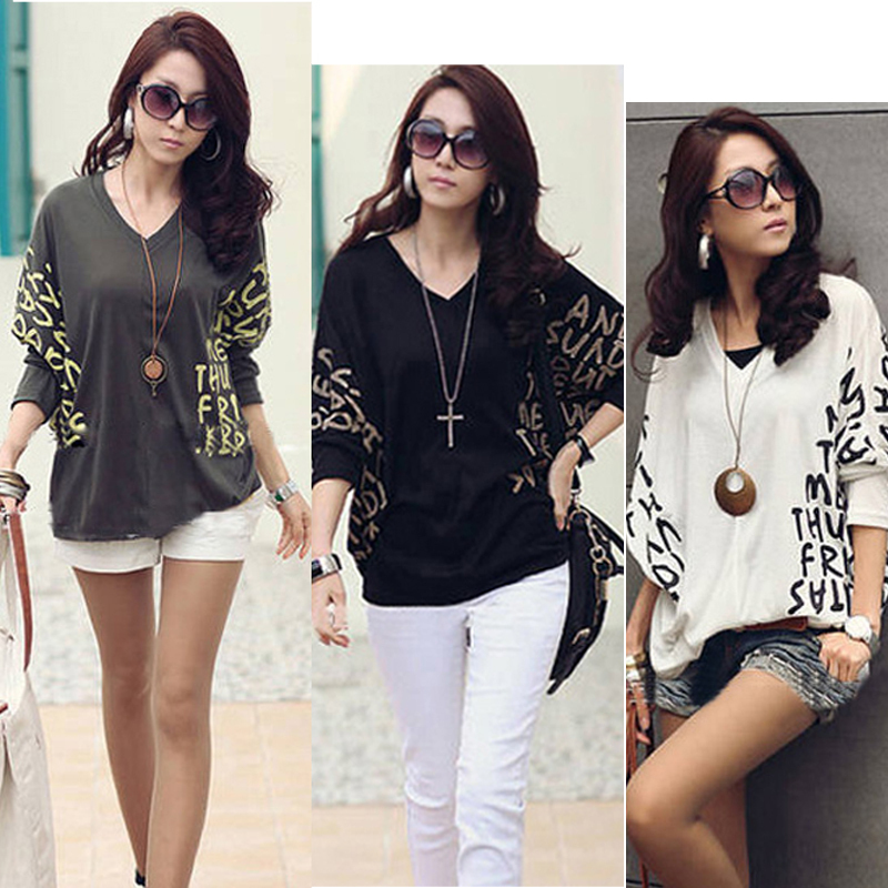 New Women V Neck Batwing Dolman Short Sleeve Letter Prints Tops Blouses T Shirt