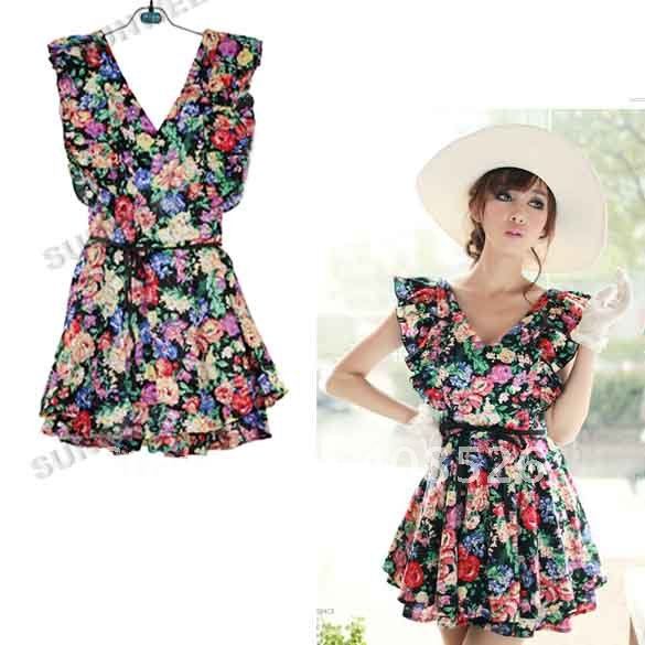 New Women Vintage Waist Ruffled prints Floral Tunic Sleeveless V-Neck one-piece dress skirt free shipping 4891
