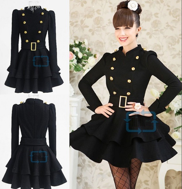 New Women Wool Dress Coat Stand-up Double-breasted Slim Belted Wool Long Jacket